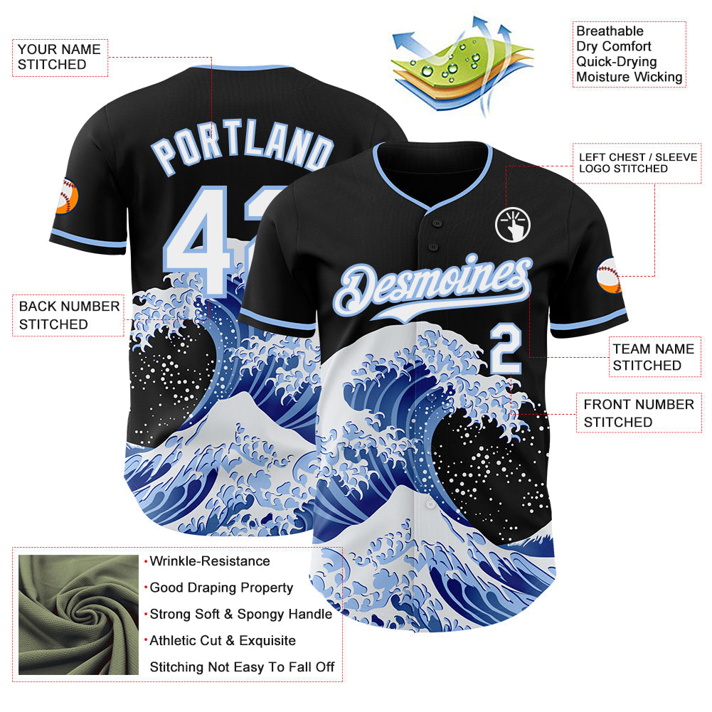 Custom Black White-Light Blue Japanese Wave Authentic Baseball Jersey