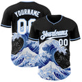 Custom Black White-Light Blue Japanese Wave Authentic Baseball Jersey