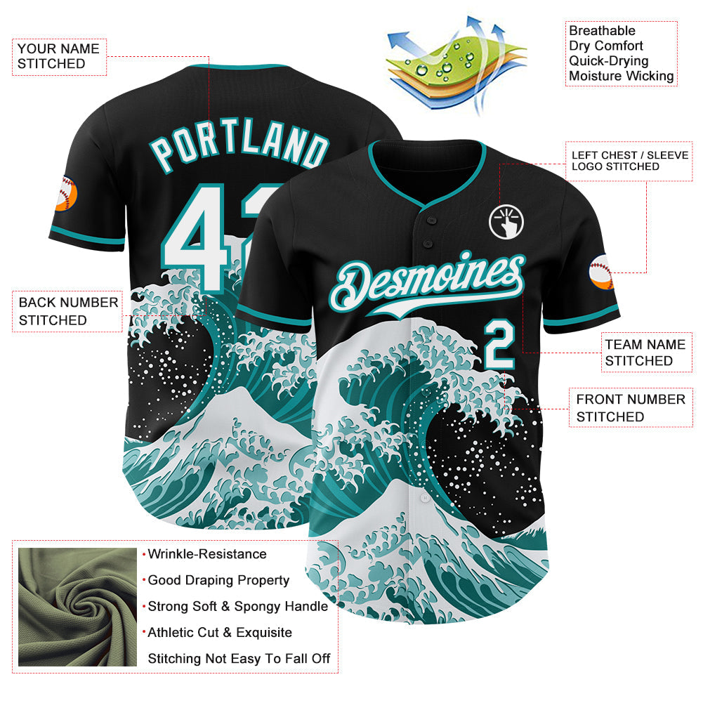 Custom Black White-Teal Japanese Wave Authentic Baseball Jersey