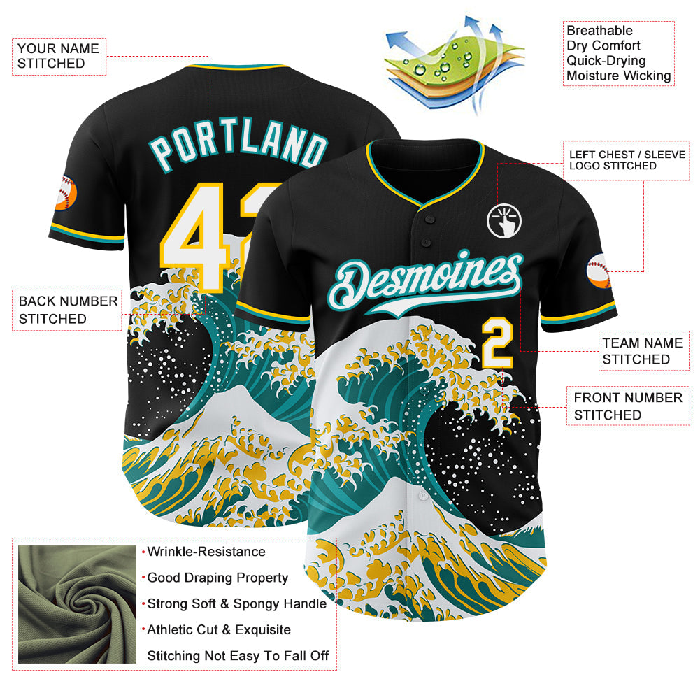 Custom Black White Teal-Yellow Japanese Wave Authentic Baseball Jersey