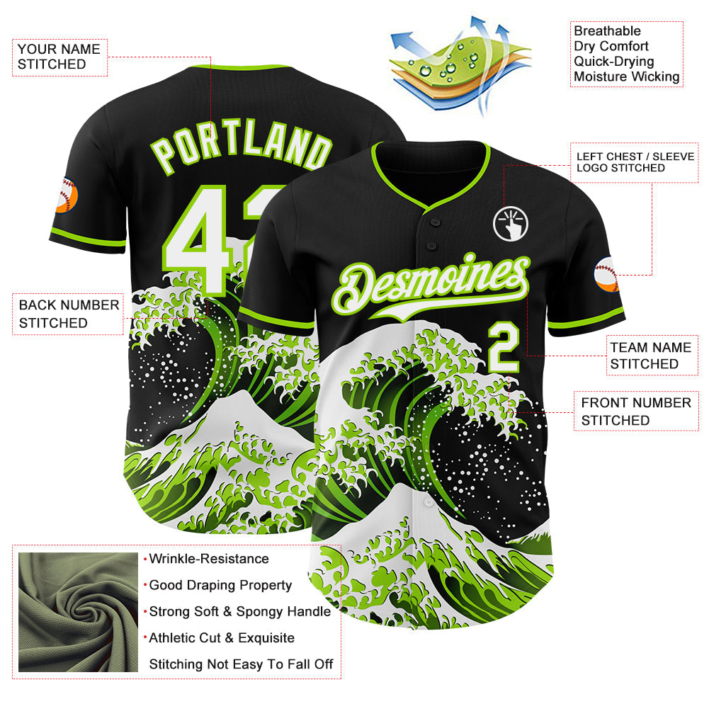 Custom Black White-Neon Green Japanese Wave Authentic Baseball Jersey
