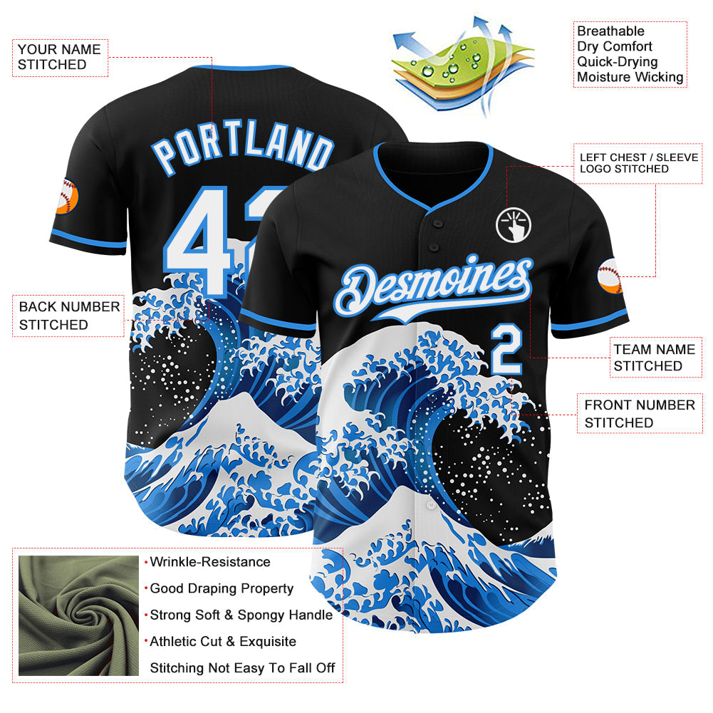 Custom Black White-Electric Blue Japanese Wave Authentic Baseball Jersey