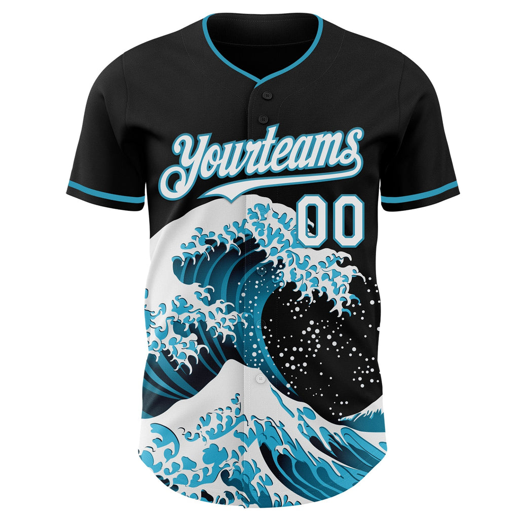 Custom Black White-Panther Blue Japanese Wave Authentic Baseball Jersey