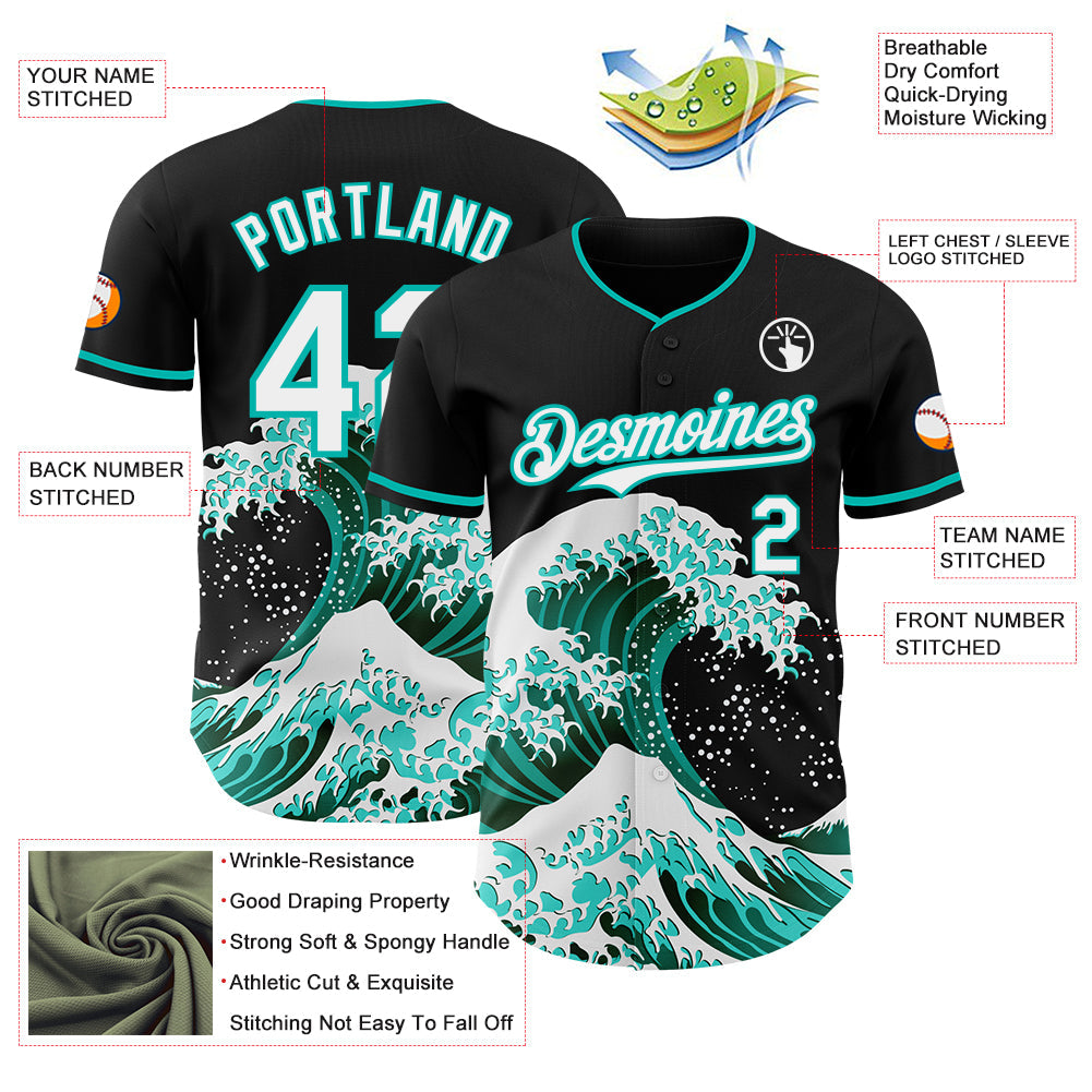 Custom Black White-Aqua Japanese Wave Authentic Baseball Jersey