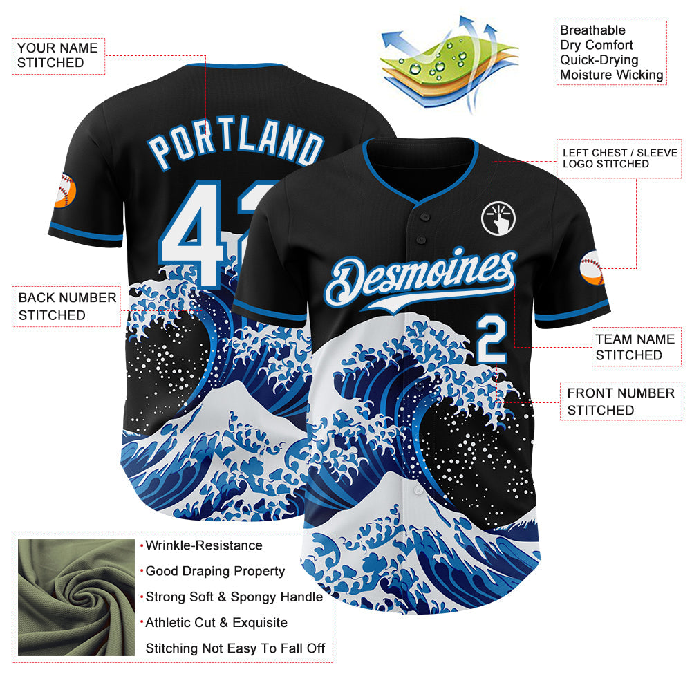 Custom Black White-Blue Japanese Wave Authentic Baseball Jersey