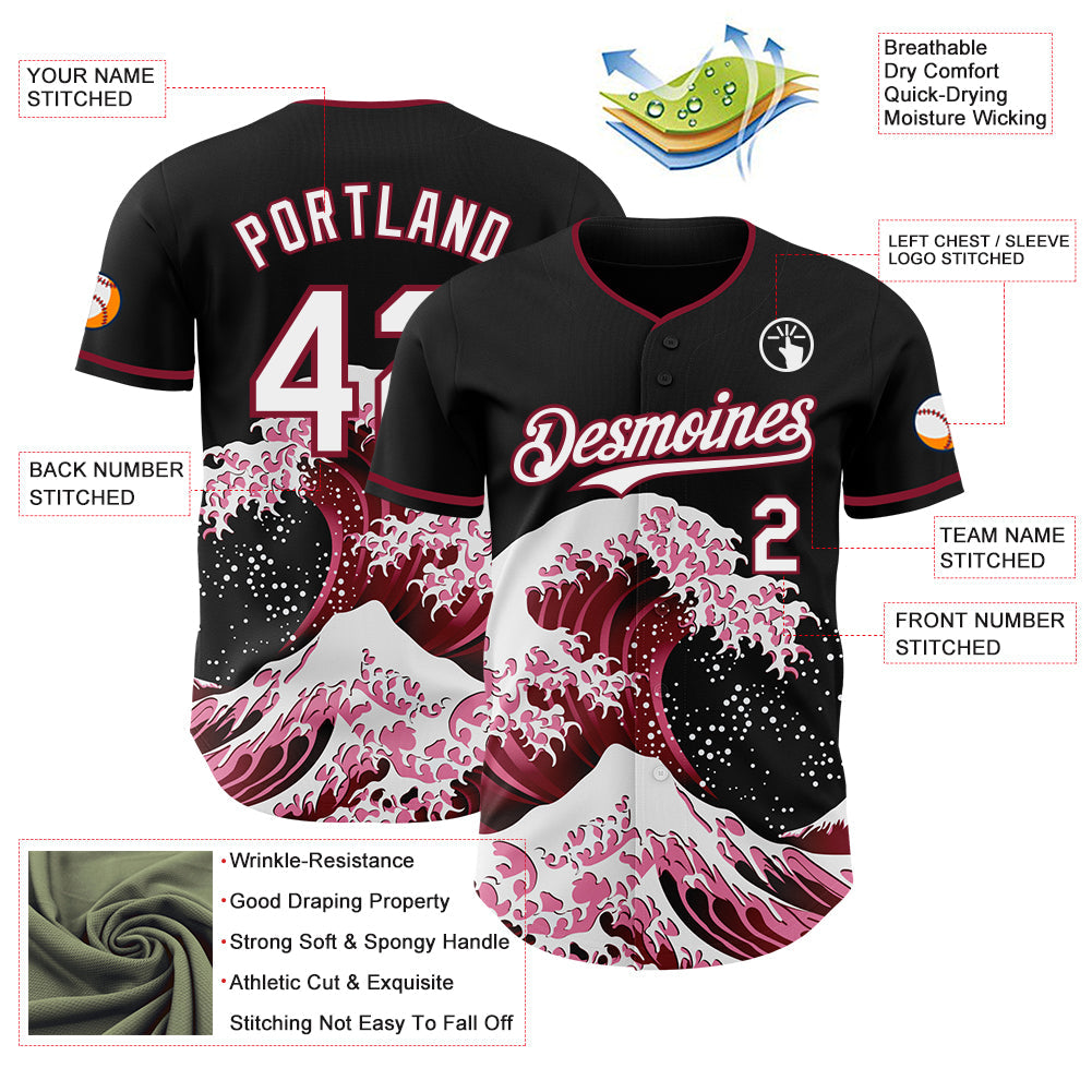Custom Black White-Crimson Japanese Wave Authentic Baseball Jersey