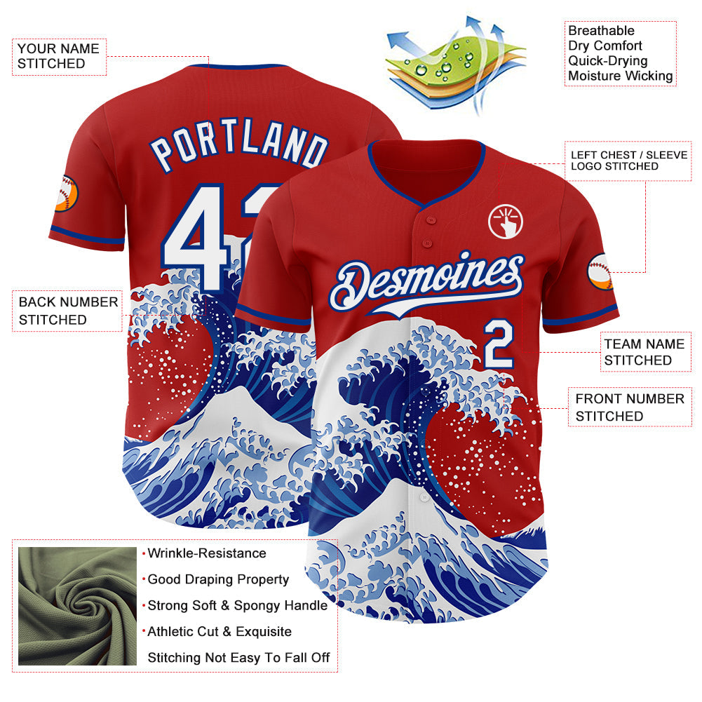Custom Red White-Royal Japanese Wave Authentic Baseball Jersey