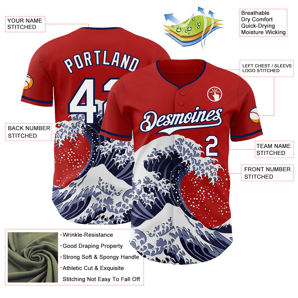 Custom Red White-Navy Japanese Wave Authentic Baseball Jersey
