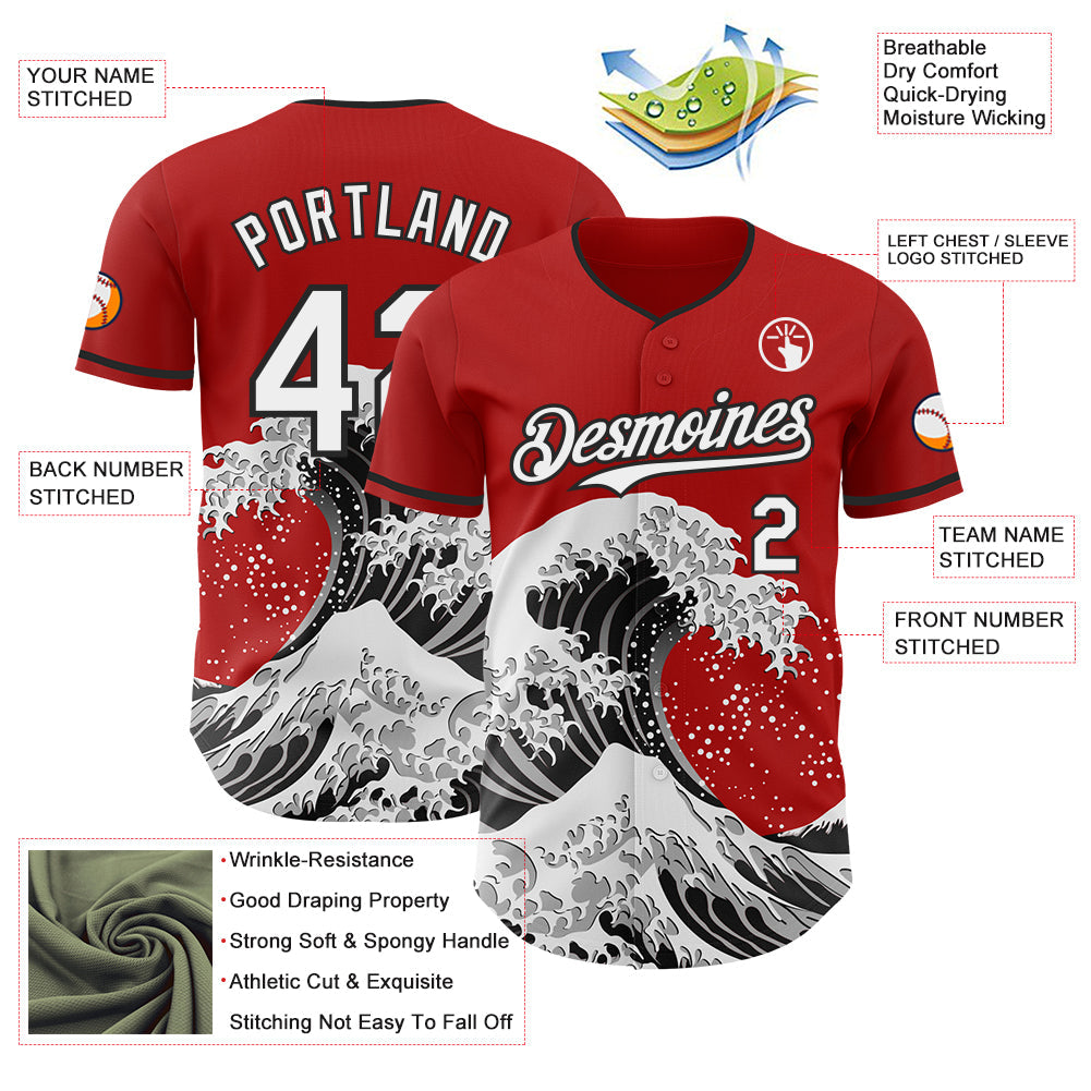 Custom Red White-Black Japanese Wave Authentic Baseball Jersey
