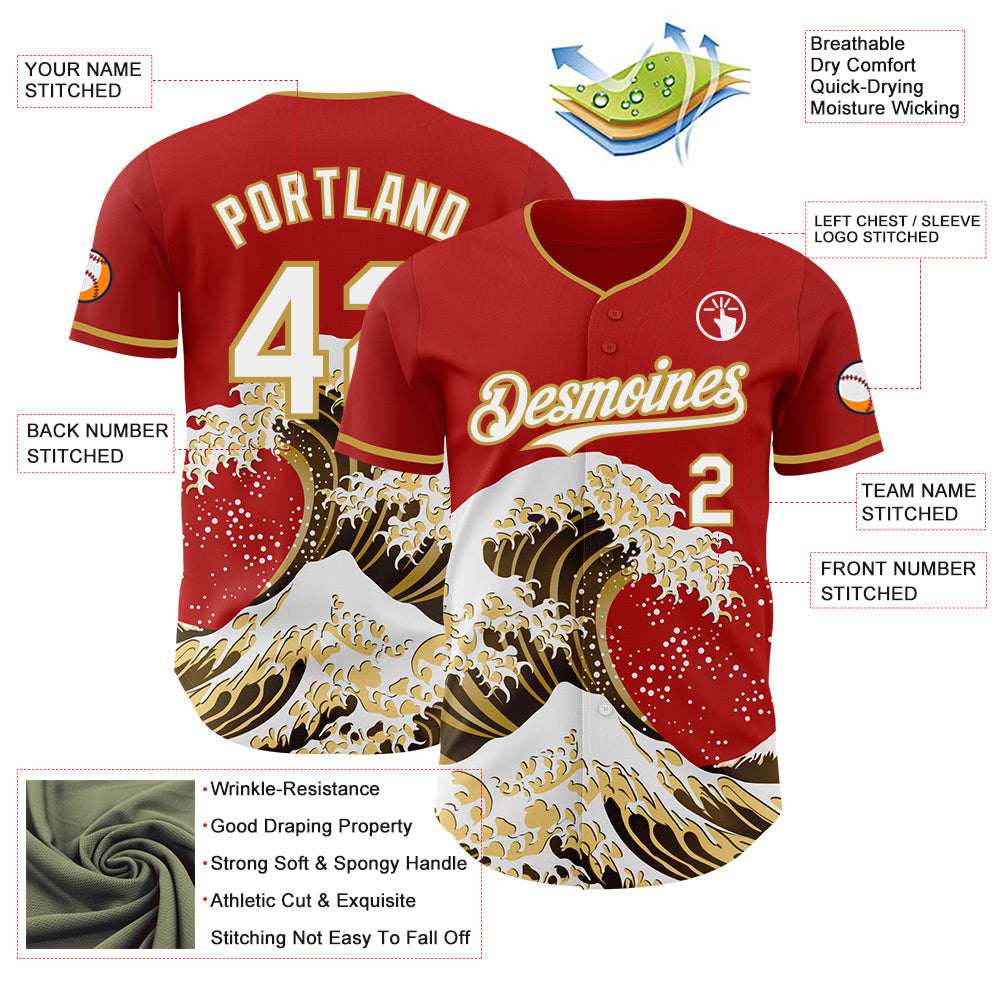 Custom Red White-Old Gold Japanese Wave Authentic Baseball Jersey