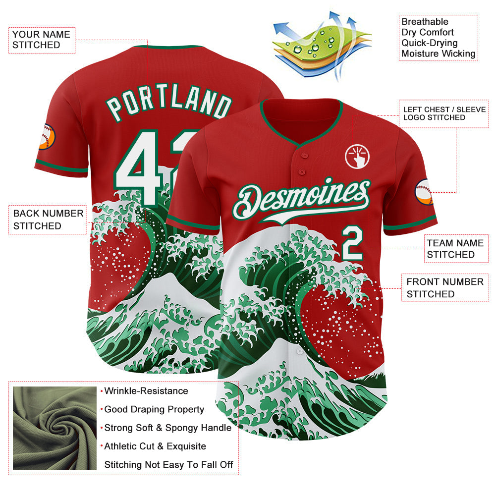 Custom Red White-Kelly Green Japanese Wave Authentic Baseball Jersey