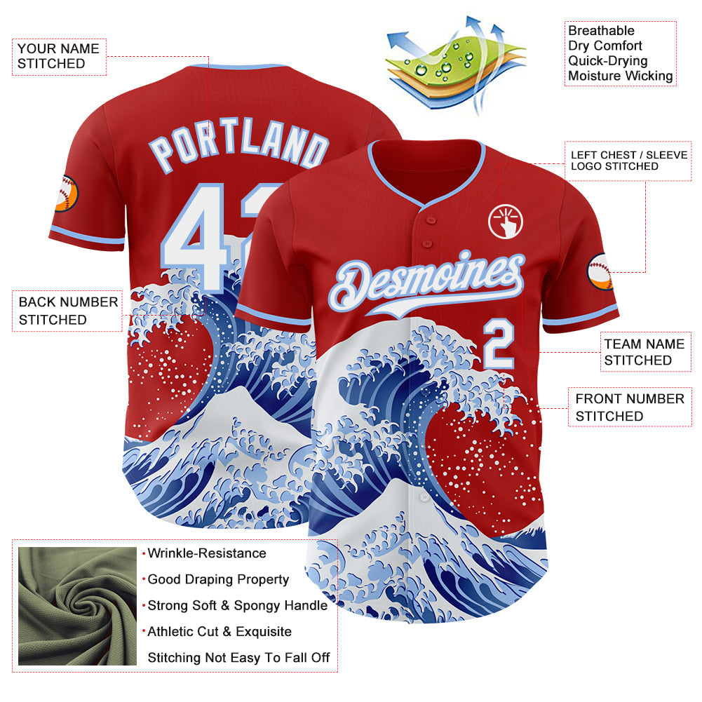 Custom Red White-Light Blue Japanese Wave Authentic Baseball Jersey