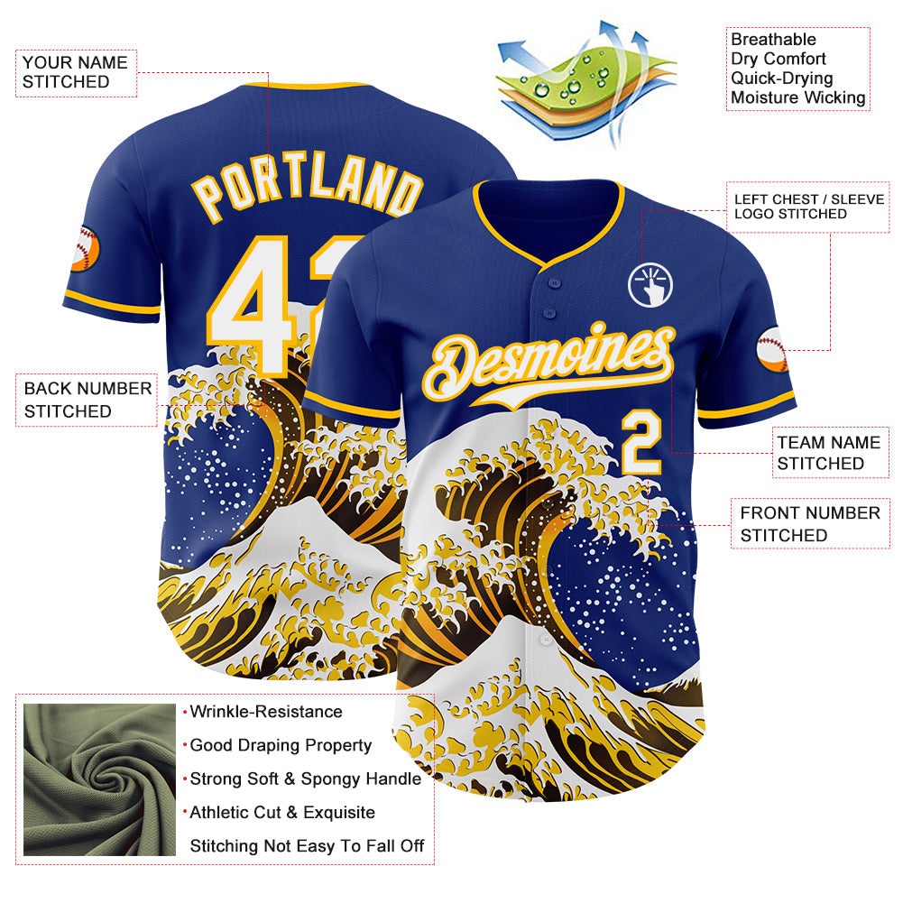 Custom Royal White-Gold Japanese Wave Authentic Baseball Jersey