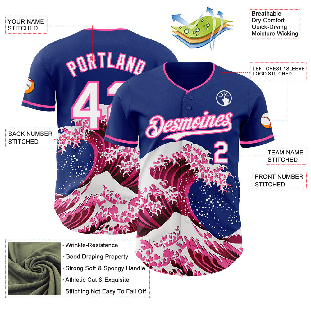 Custom Royal White-Pink Japanese Wave Authentic Baseball Jersey