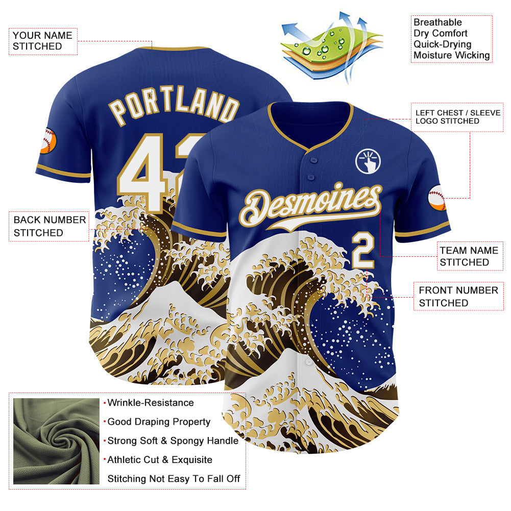 Custom Royal White-Old Gold Japanese Wave Authentic Baseball Jersey