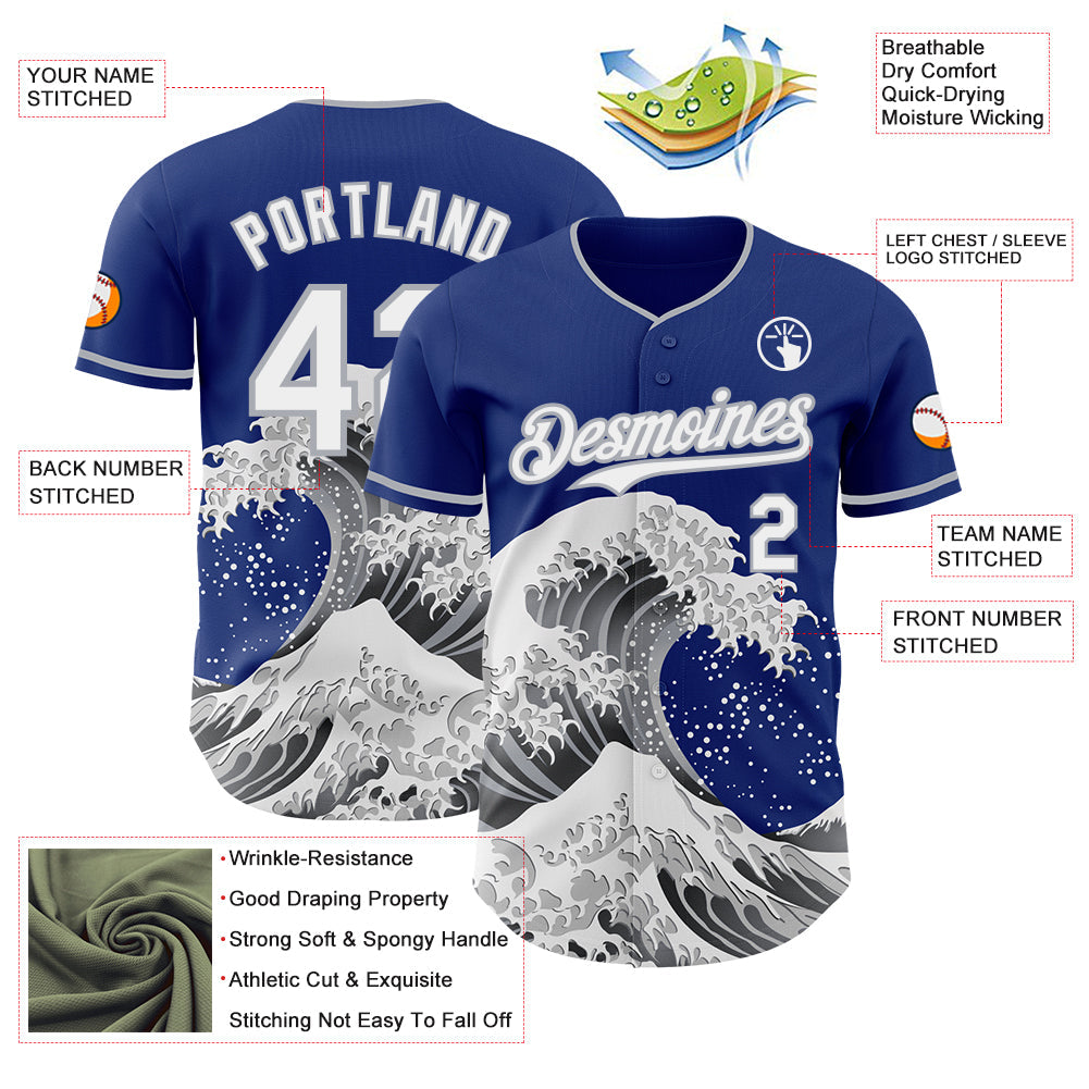 Custom Royal White-Gray Japanese Wave Authentic Baseball Jersey