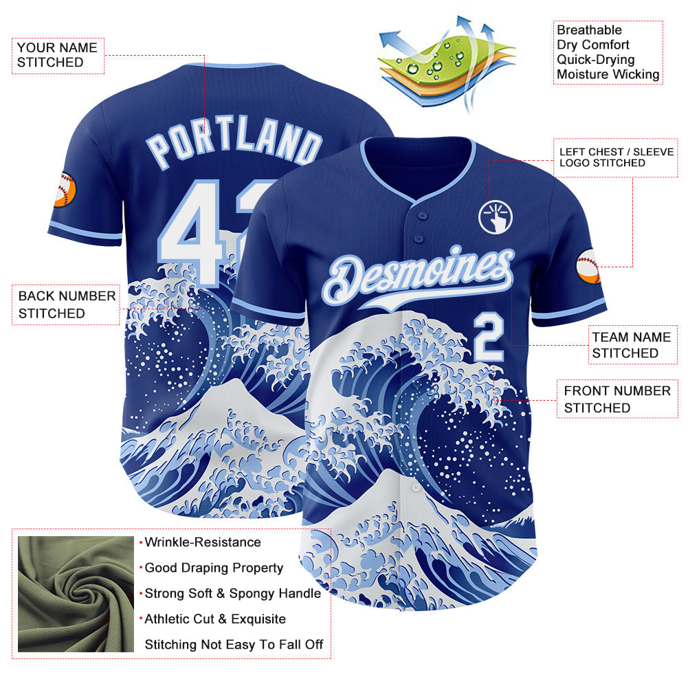 Custom Royal White-Light Blue Japanese Wave Authentic Baseball Jersey
