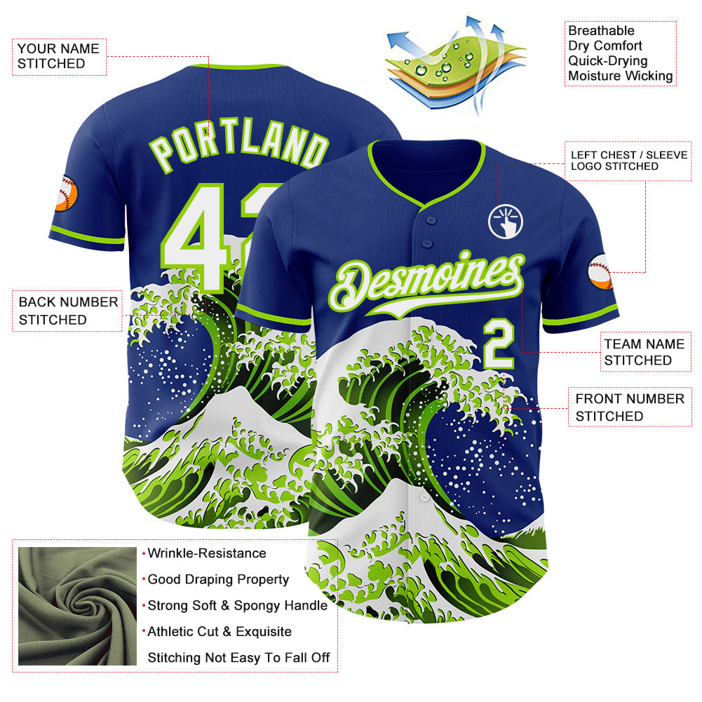 Custom Royal White-Neon Green Japanese Wave Authentic Baseball Jersey