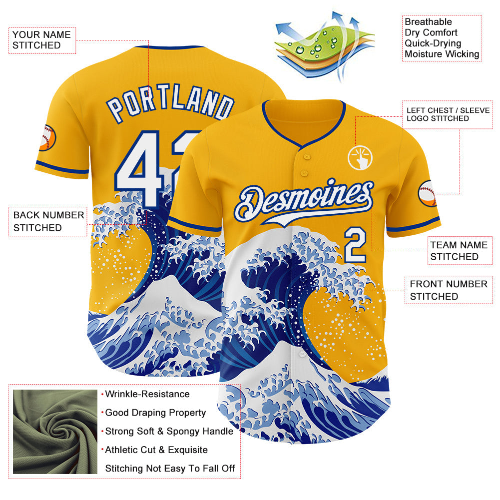 Custom Gold White-Royal Japanese Wave Authentic Baseball Jersey