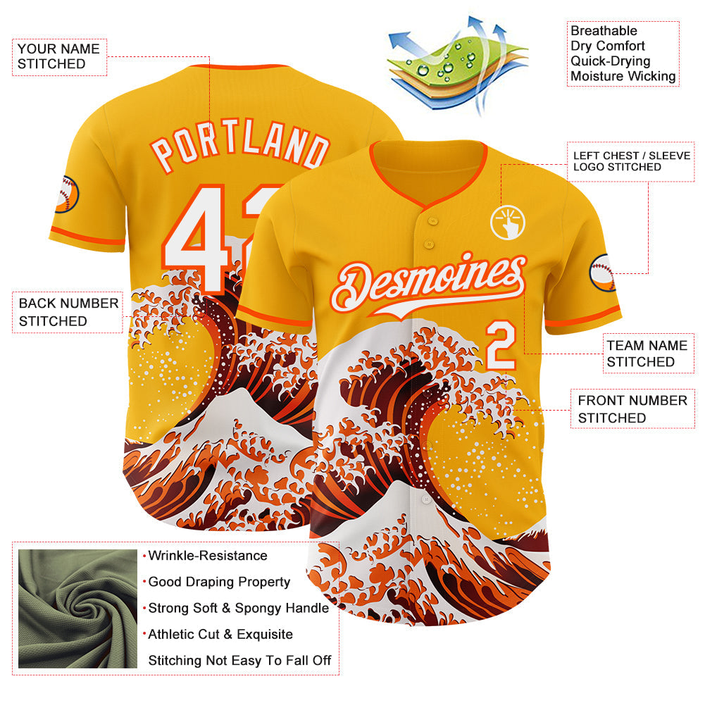 Custom Gold White-Orange Japanese Wave Authentic Baseball Jersey
