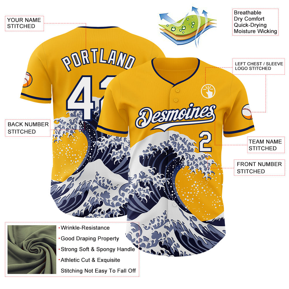 Custom Gold White-Navy Japanese Wave Authentic Baseball Jersey