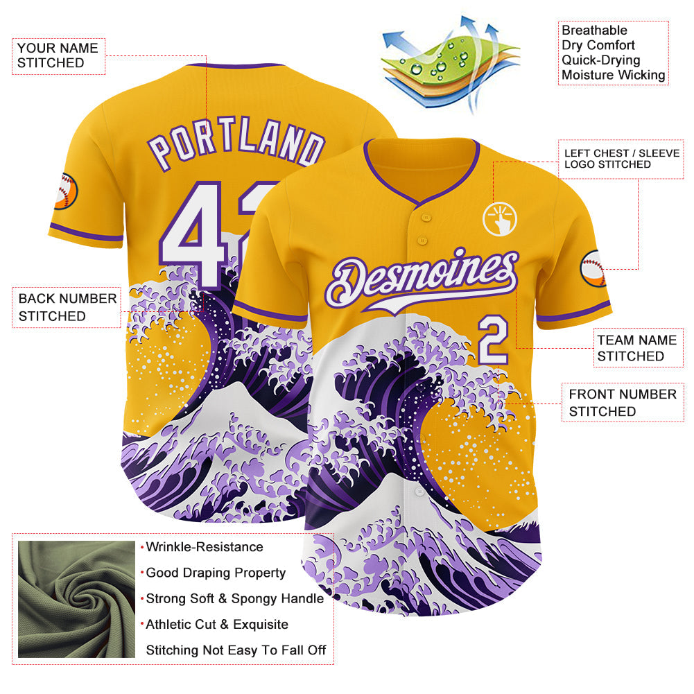 Custom Gold White-Purple Japanese Wave Authentic Baseball Jersey