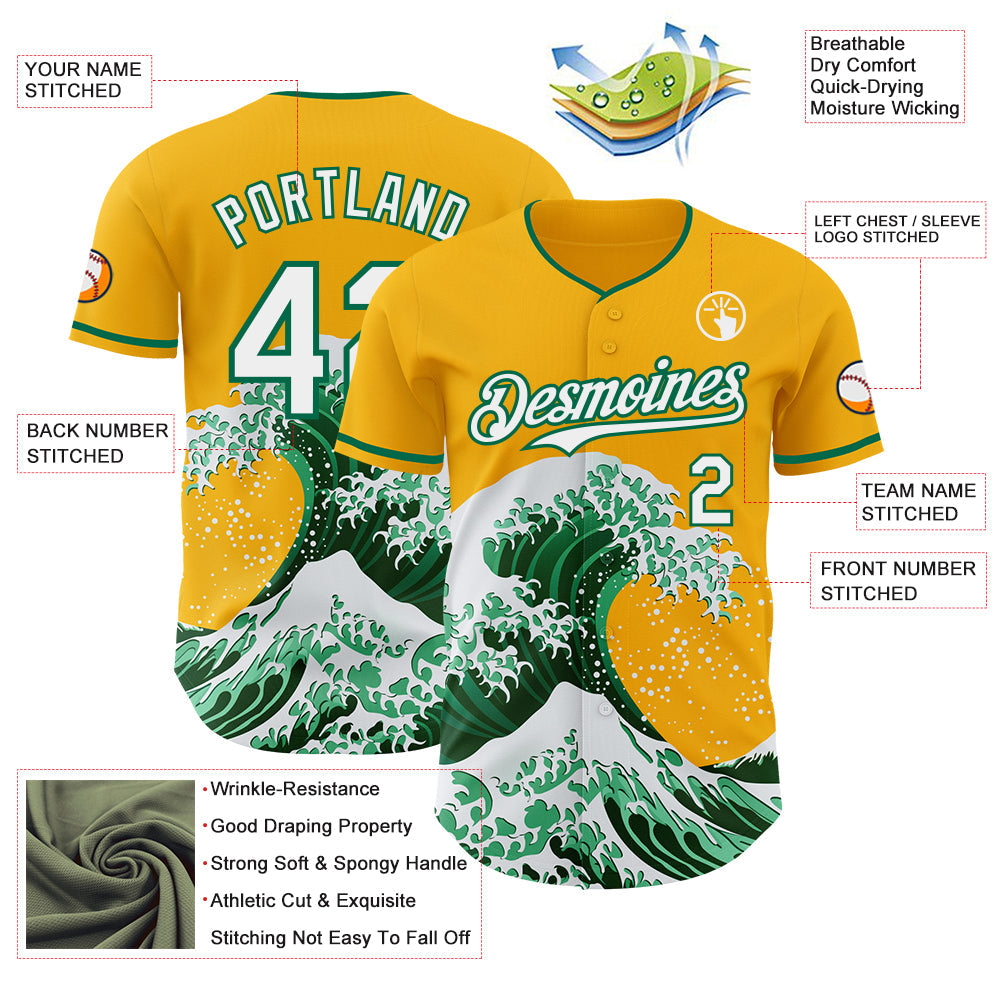 Custom Gold White-Kelly Green Japanese Wave Authentic Baseball Jersey