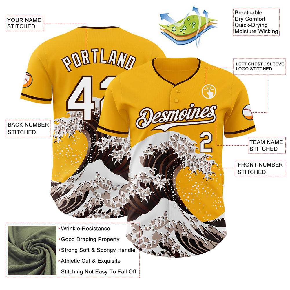 Custom Gold White-Brown Japanese Wave Authentic Baseball Jersey