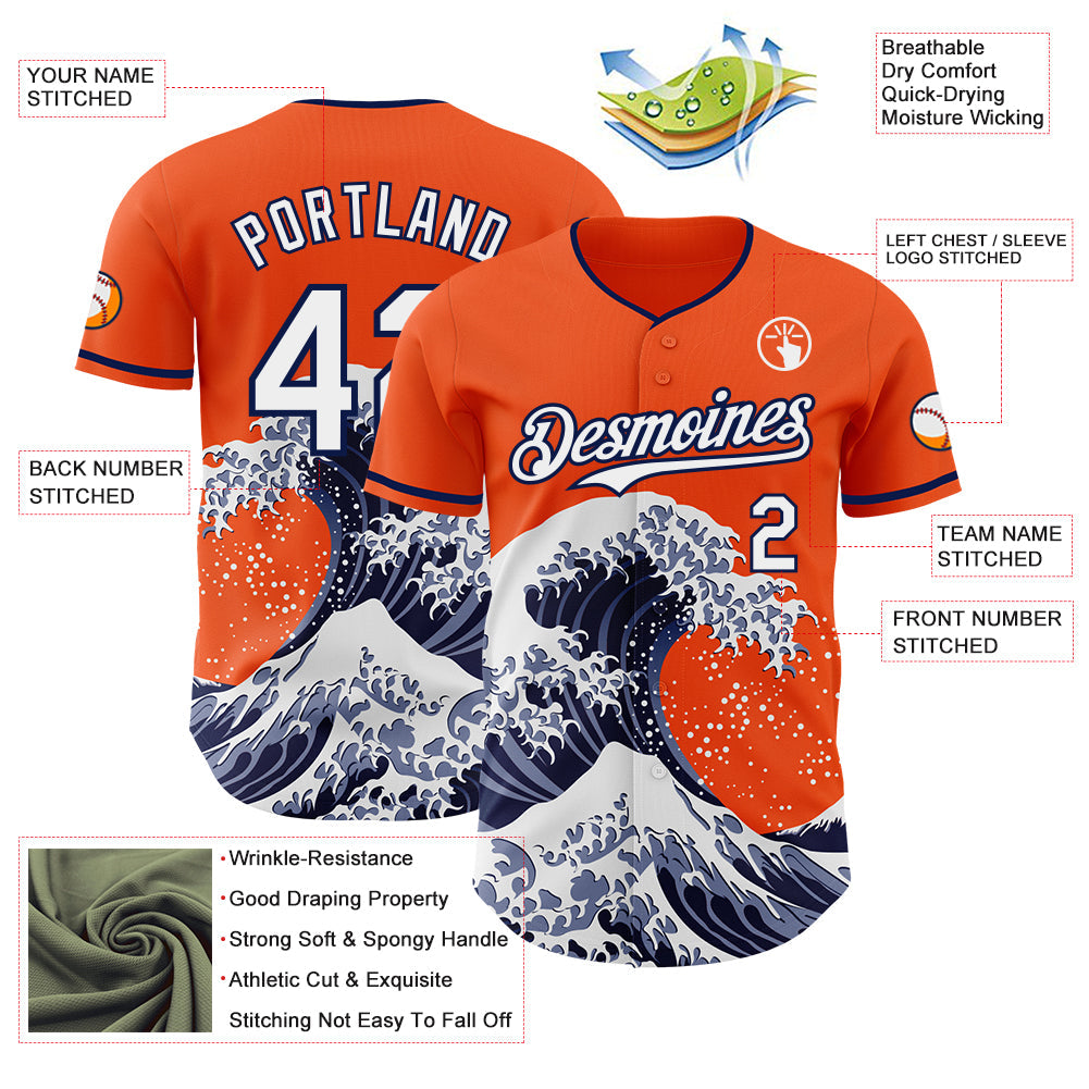 Custom Orange White-Navy Japanese Wave Authentic Baseball Jersey
