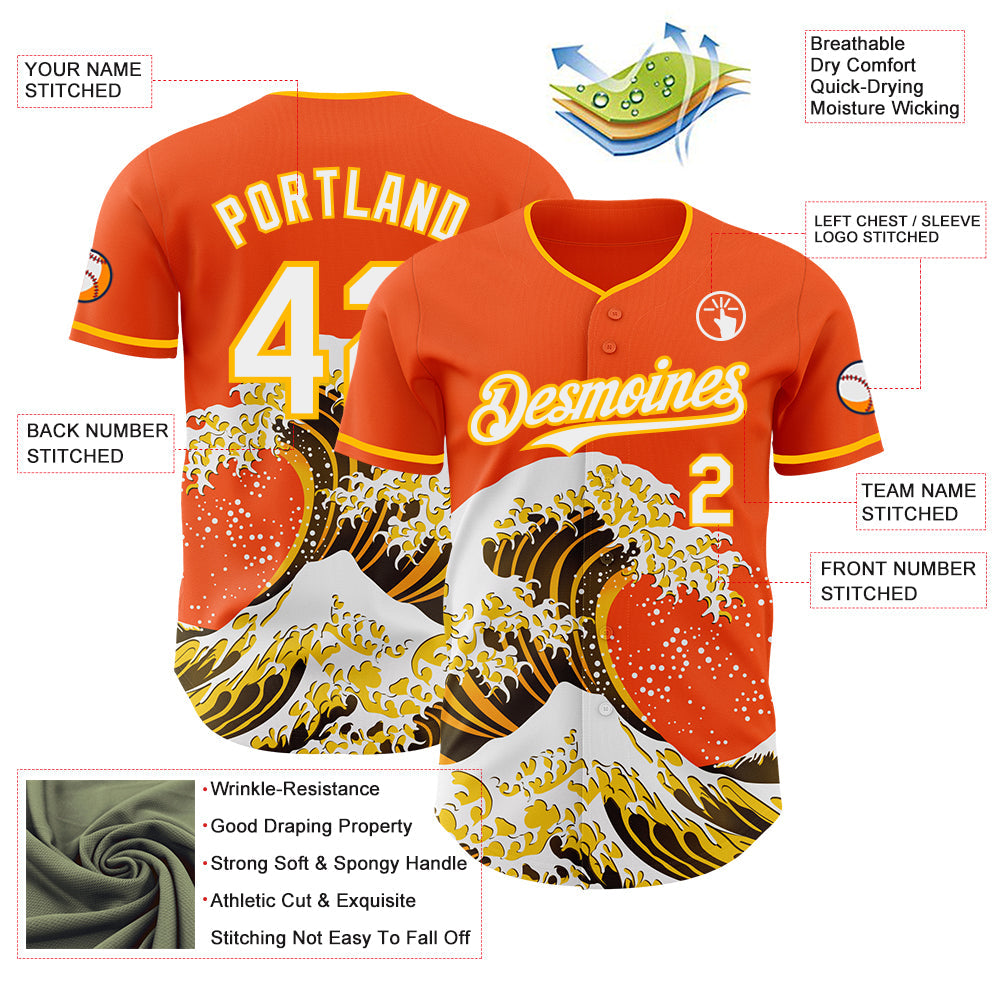 Custom Orange White-Gold Japanese Wave Authentic Baseball Jersey