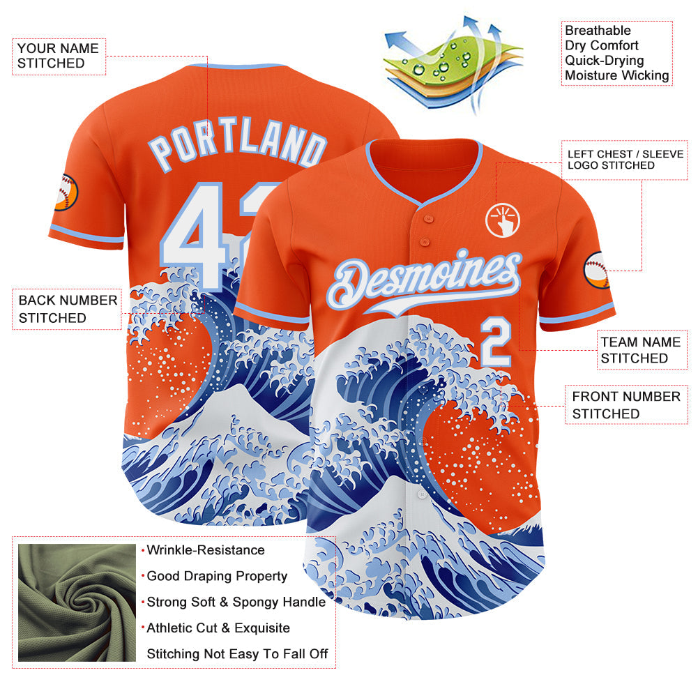 Custom Orange White-Light Blue Japanese Wave Authentic Baseball Jersey