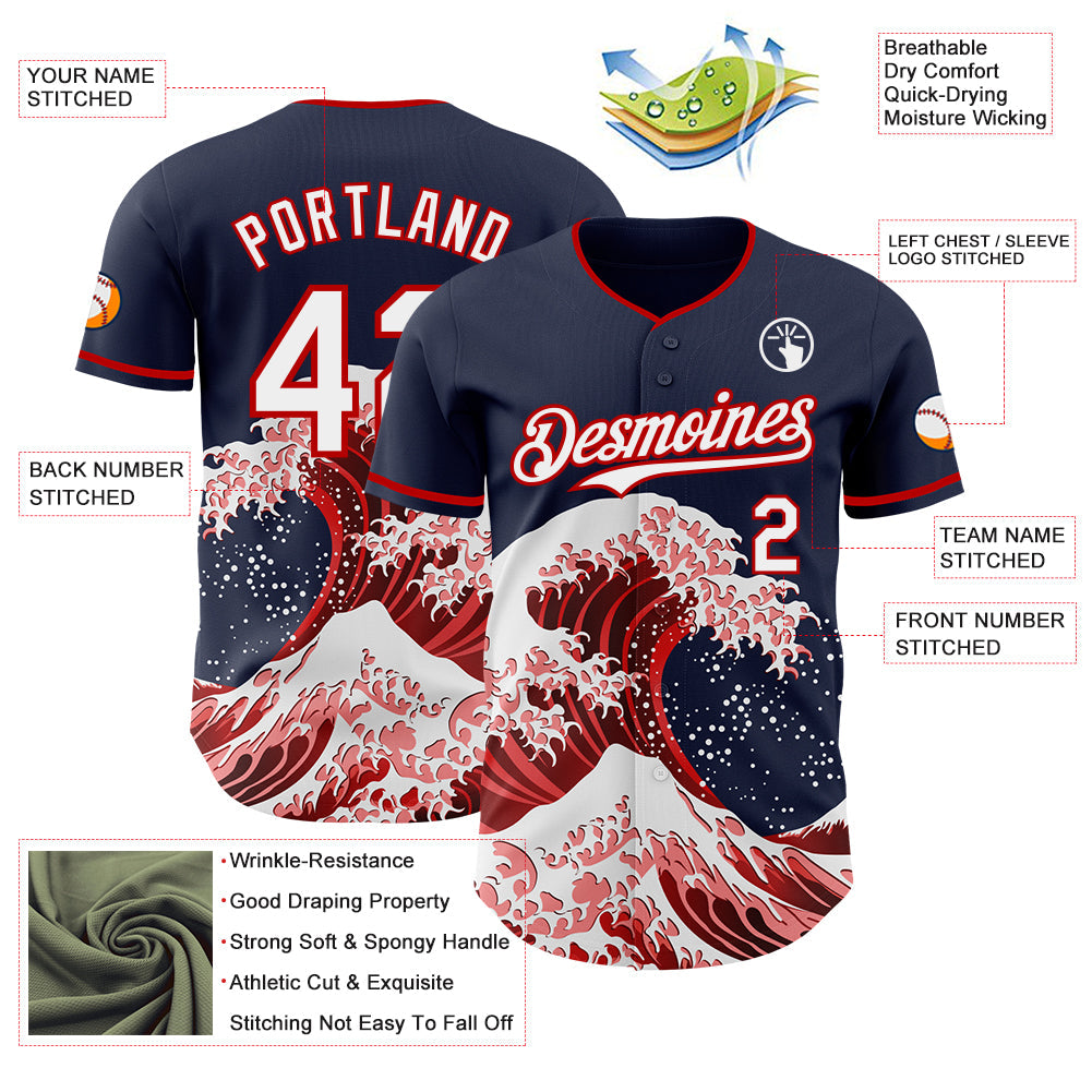 Custom Navy White-Red Japanese Wave Authentic Baseball Jersey