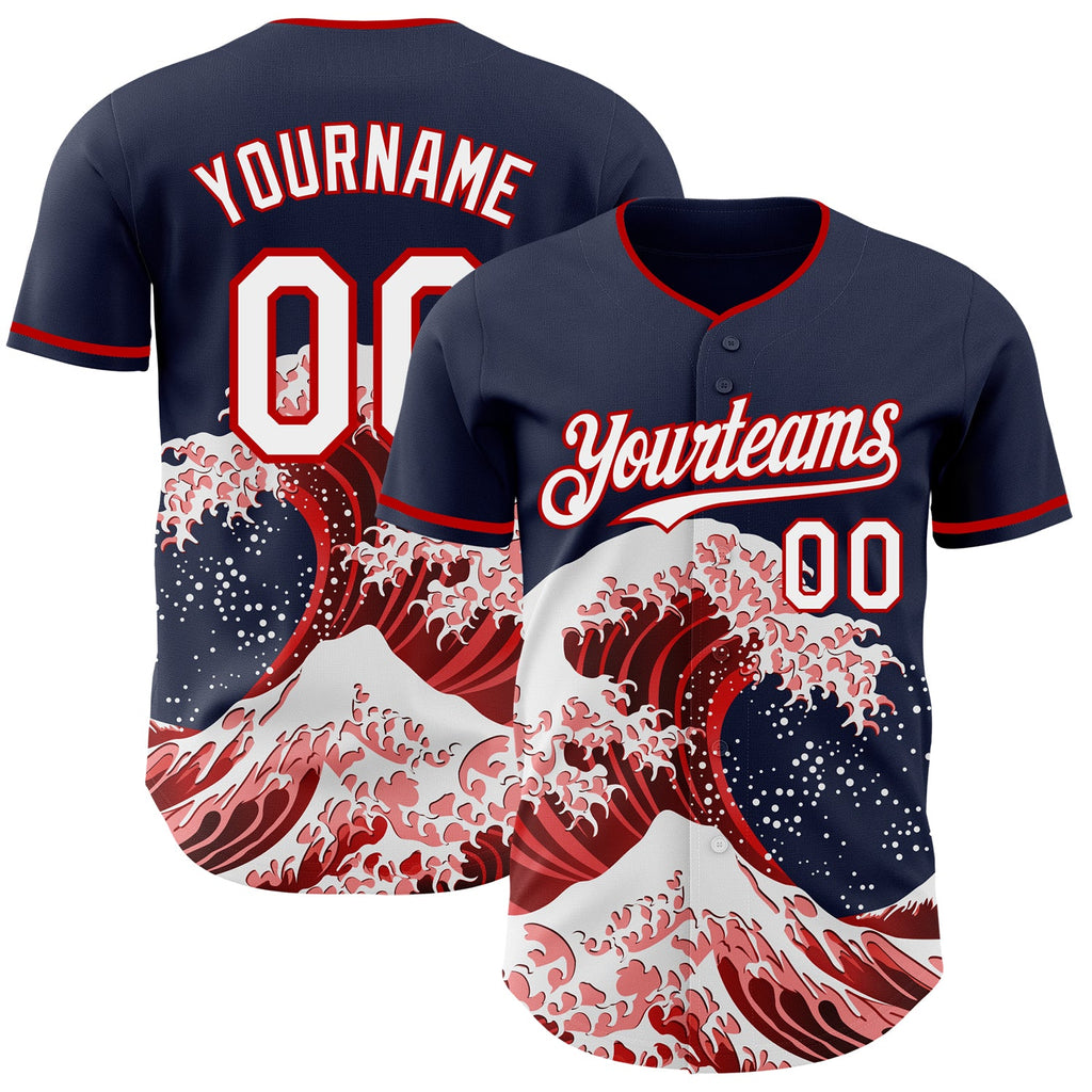 Custom Navy White-Red Japanese Wave Authentic Baseball Jersey