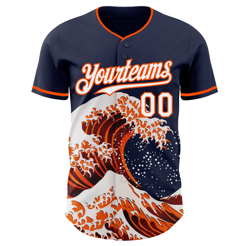 Custom Navy White-Orange Japanese Wave Authentic Baseball Jersey