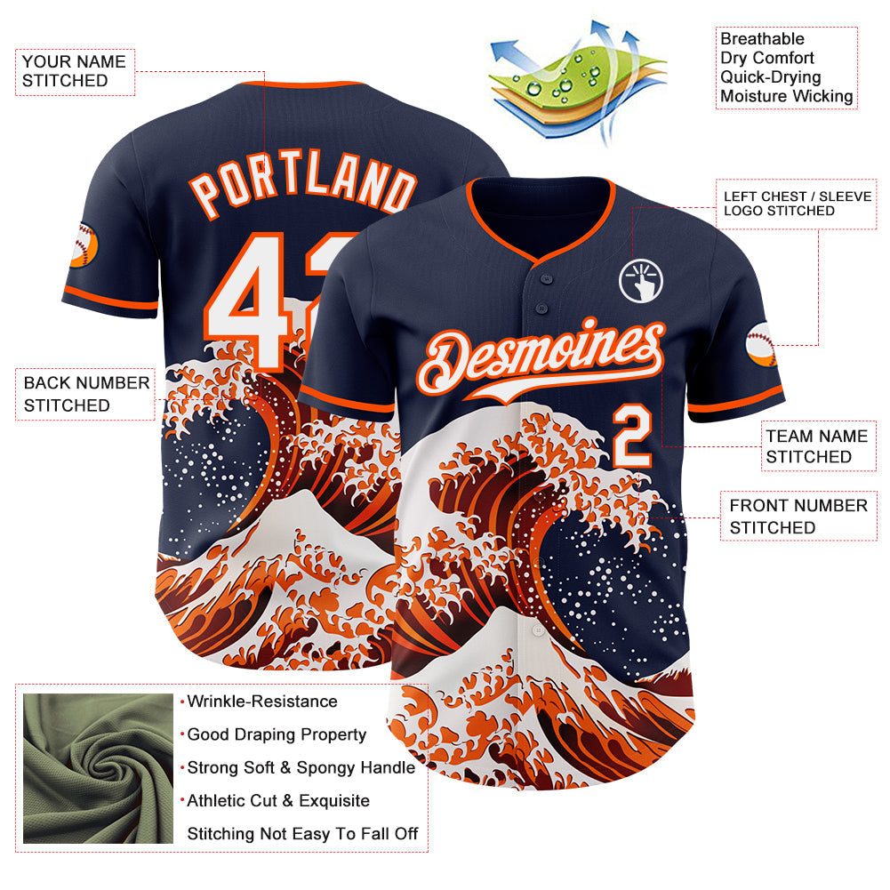 Custom Navy White-Orange Japanese Wave Authentic Baseball Jersey