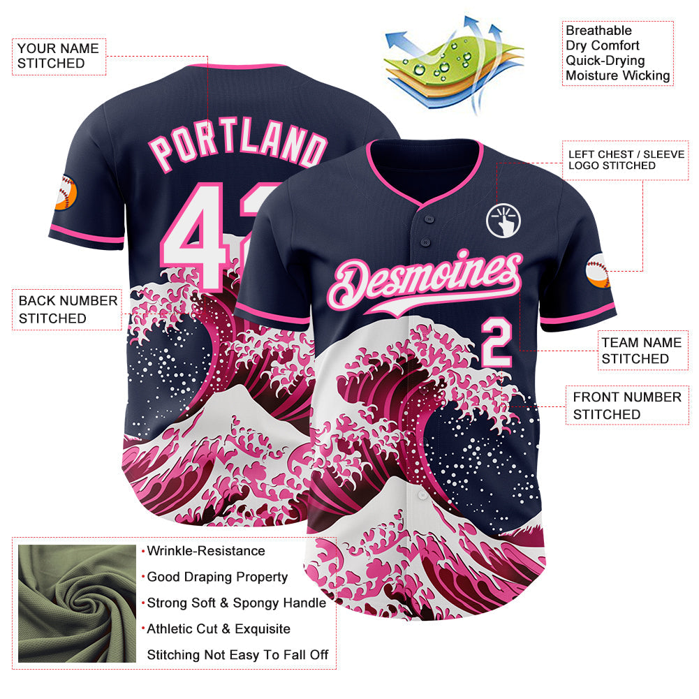 Custom Navy White-Pink Japanese Wave Authentic Baseball Jersey