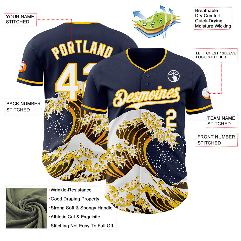 Custom Navy White-Gold Japanese Wave Authentic Baseball Jersey