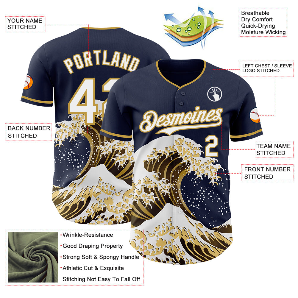 Custom Navy White-Old Gold Japanese Wave Authentic Baseball Jersey