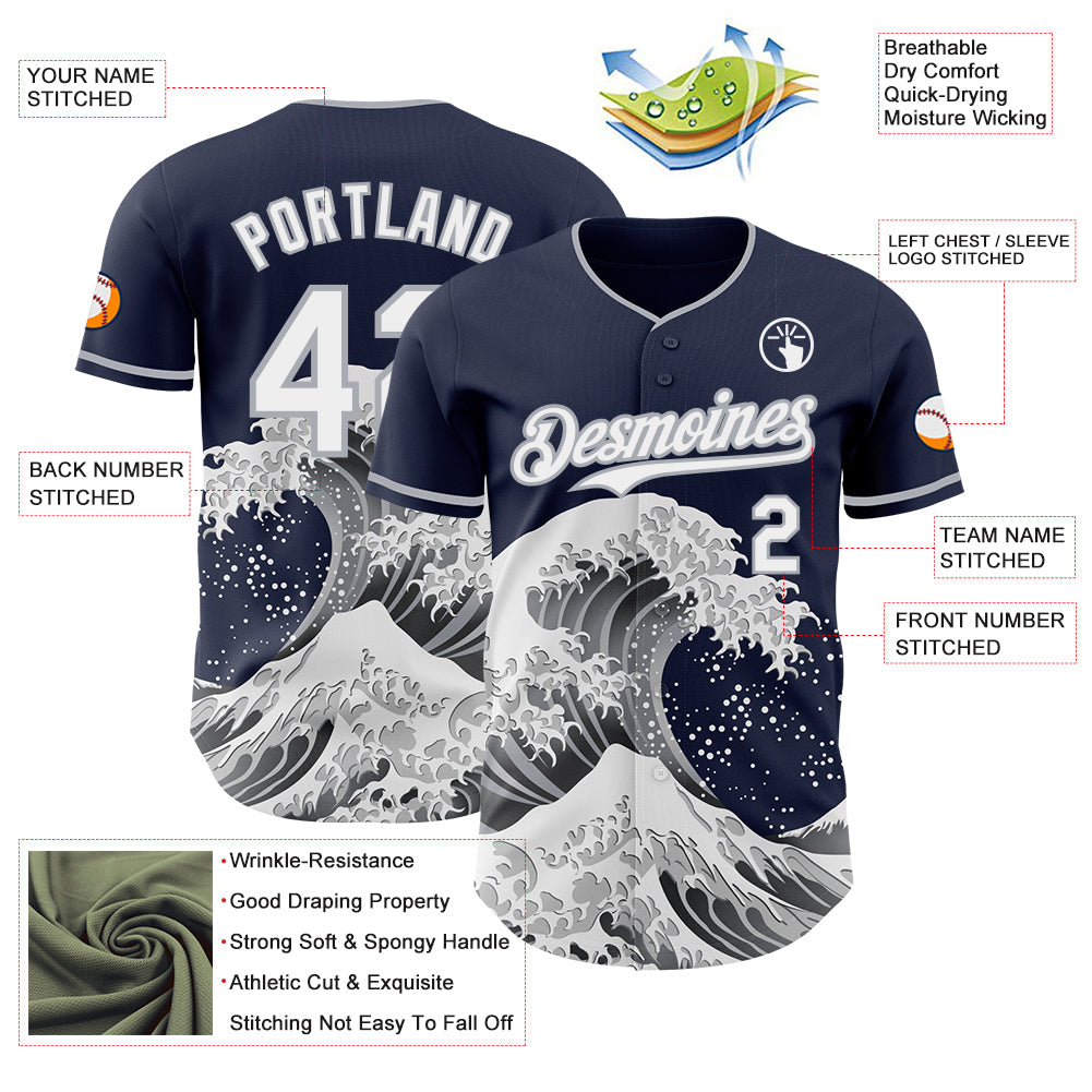 Custom Navy White-Gray Japanese Wave Authentic Baseball Jersey