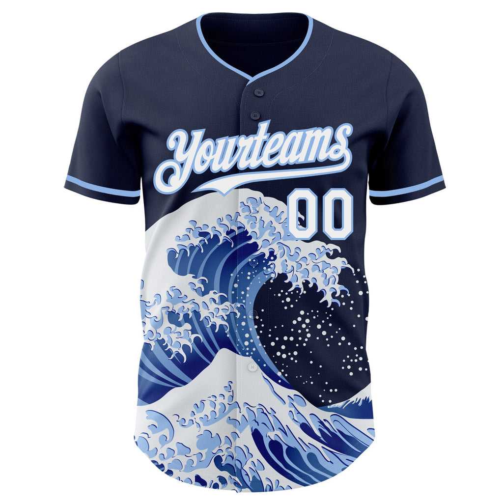 Custom Navy White-Light Blue Japanese Wave Authentic Baseball Jersey