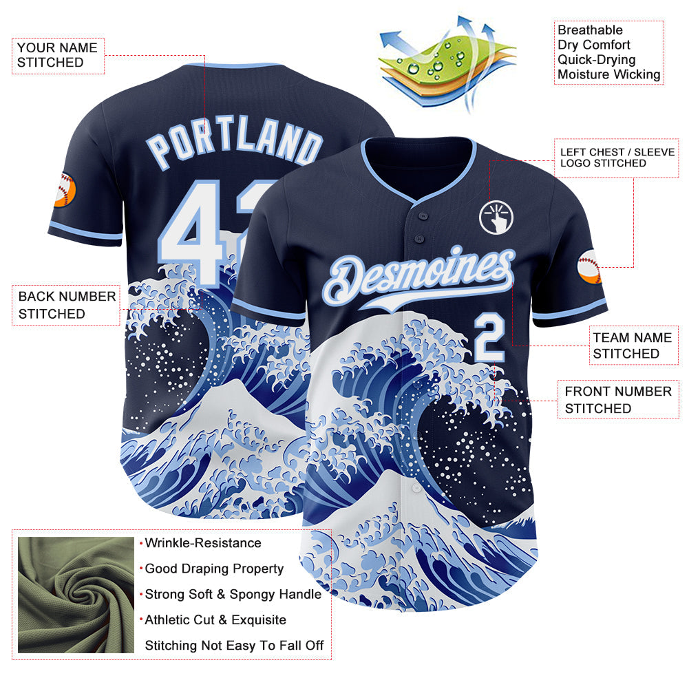 Custom Navy White-Light Blue Japanese Wave Authentic Baseball Jersey