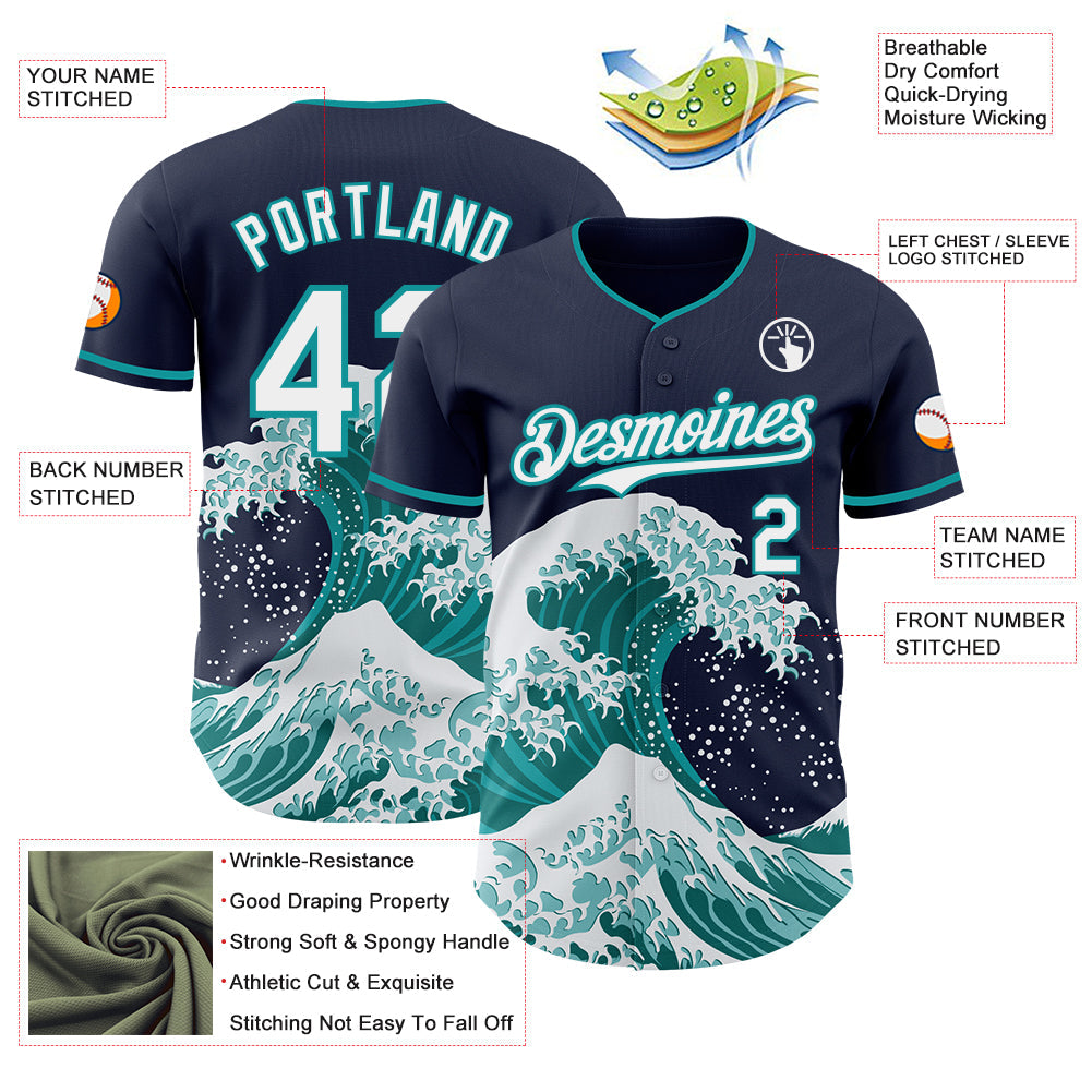 Custom Navy White-Teal Japanese Wave Authentic Baseball Jersey