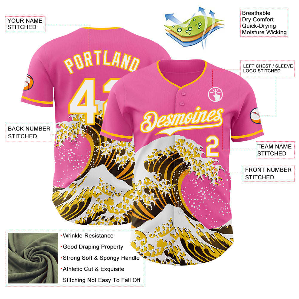 Custom Pink White-Gold Japanese Wave Authentic Baseball Jersey