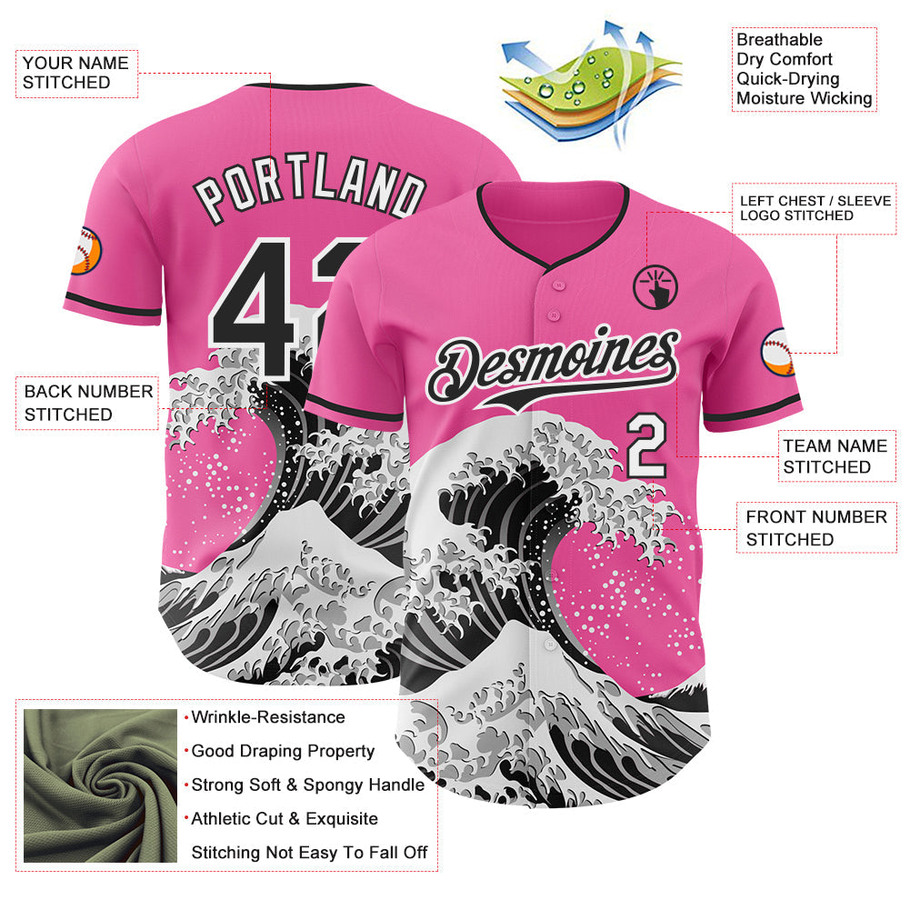 Custom Pink Black-White Japanese Wave Authentic Baseball Jersey