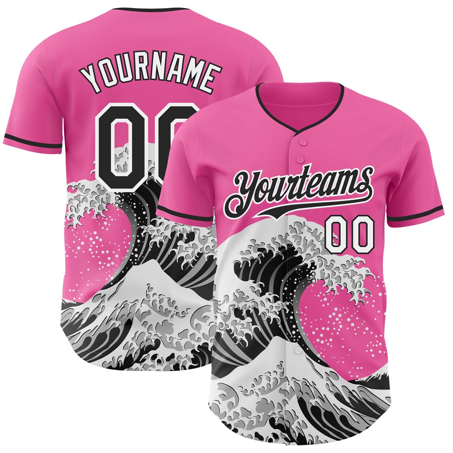 Custom Pink Black-White Japanese Wave Authentic Baseball Jersey
