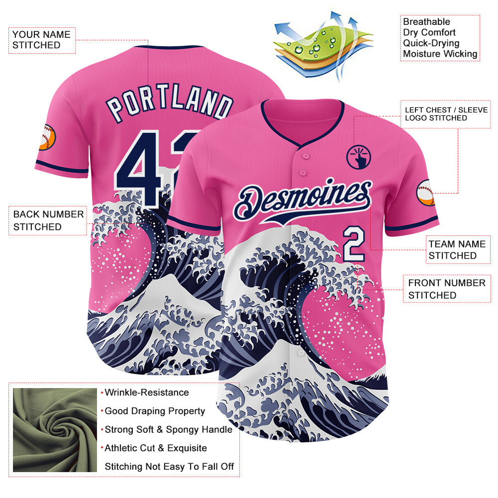 Custom Pink Navy-White Japanese Wave Authentic Baseball Jersey