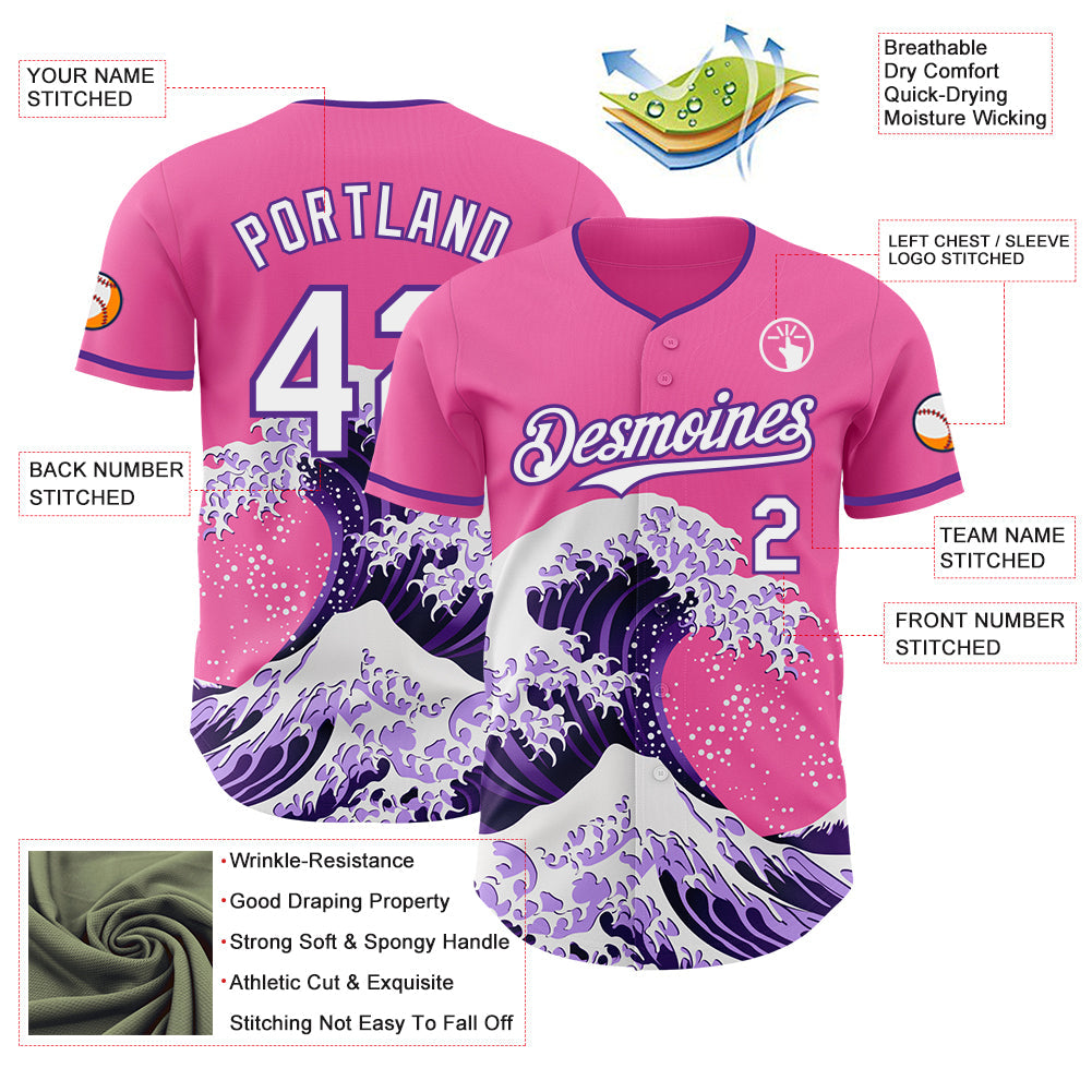 Custom Pink Purple-White Japanese Wave Authentic Baseball Jersey