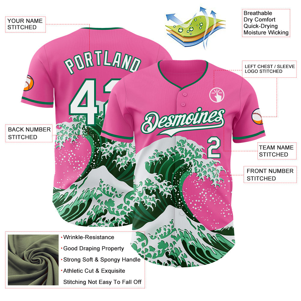 Custom Pink Kelly Green-White Japanese Wave Authentic Baseball Jersey