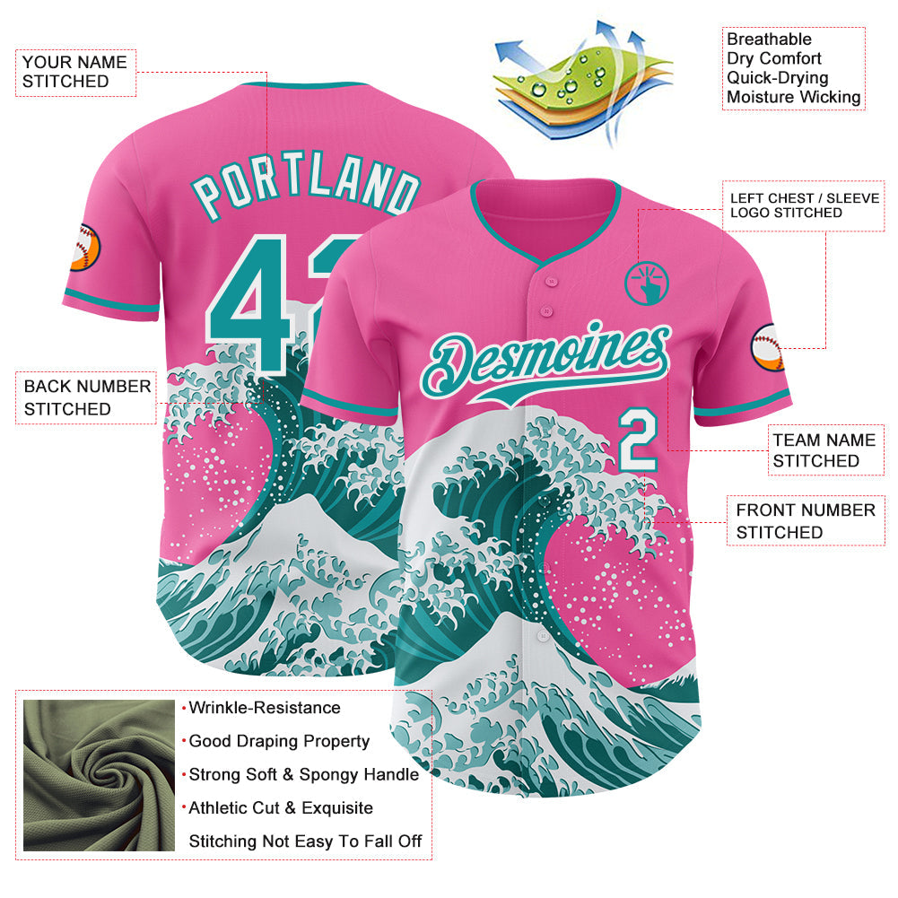 Custom Pink Teal-White Japanese Wave Authentic Baseball Jersey