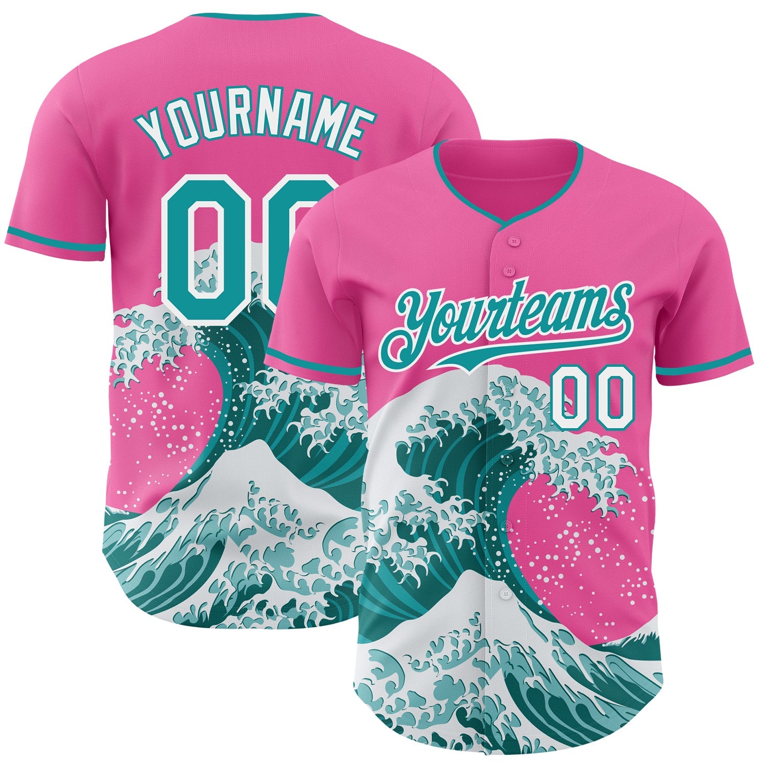 Custom Pink Teal-White Japanese Wave Authentic Baseball Jersey